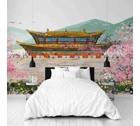 Dppyuxa Chinese Architecture 3D Effect Wall Murals for Bedrooms Asian Cherry Blossom Wallpaper Mural 500x280 cm Kids Living Room Home Decoration, Photo Wallpaper Mural Non-Woven