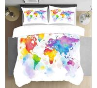 Dppyuxa Colorful World Map Small Double Duvet Cover Set Watercolor Geography Bedding Quilt Cover Brushed Microfibre Bed Set with Pillowcases Zipper Closure Ultra Soft Bedding Set