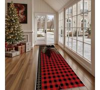 Dppyuxa Non Slip Kitchen Runner RugRustic Bear Washable Rugs Hall Runners for Hallways, Living RoomLodge Forest Bedroom Corridor Carpet Plaid Pine Tree Mat 60x240cm