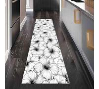 Dppyuxa Sketch Hibiscus Rug Runners for Hallways Non Slip Tropical Floral Washable Long Runner Rug Monochrome Line Art Kitchen Bedroom Corridor Entryway Floor Mat 60x120cm