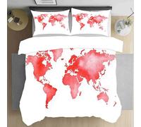 Dppyuxa Watercolor World Map Small Double Duvet Cover Set Red Geography Bedding Quilt Cover Brushed Microfibre Bed Set with Pillowcases Zipper Closure Ultra Soft Bedding Set