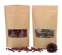 Dproptel 50 Pack Reusable Ziplock Grip Standable Seal Bags Waterproof Brown Kraft Paper Stand Up Pouch with Transparent Window Food Storage Pouches Packing Bag (12X20CM)