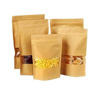 Dproptel 50 Pack Reusable Ziplock Grip Standable Seal Bags Waterproof Brown Kraft Paper Stand Up Pouch with Transparent Window Food Storage Pouches Packing Bag (16X26CM)