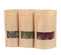 Dproptel 50 Pack Reusable Ziplock Grip Standable Seal Bags Waterproof Brown Kraft Paper Stand Up Pouch with Transparent Window Food Storage Pouches Packing Bag (14X22CM)