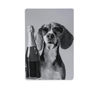 DPSMCZWQ Beagle Holding Champagne Wall Art, Black And White PrintWall Decor Art Metal Tin Poster Modern Bar Decorations30x20cm