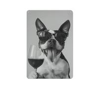 DPSMCZWQ Boston Terrier And Wine Wall Art, Black And White PrintWall Decor Art Metal Tin Poster Modern Bar Decorations30x20cm