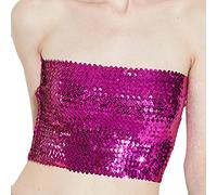 DPWELL Sequin Stretch Tube Top Skirt Shorts Metallic Sparkle Sequined Glitter Stretch Boob Bandeau Disco Party Belly Dancer Bodice Hot Bodycon Miniskirt Clubwear Rose Red