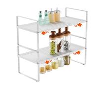 DPZM 2Pack Expandable Kitchen Counter Shelf, Stackable Shelves for Kitchen Storage Cabinets, Adjustable White Metal Spice Rack Shelf Riser Countertop Organizer for Kitchen Cabinet, Pantry and Cupboard