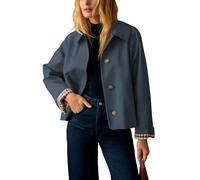 Dqbeng Womens Cropped Trench Coat Classic Collar Oversized Casual Jackets with Checkered Lining, Blue Grey, Small
