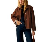 Dqbeng Womens Cropped Trench Coat Classic Collar Oversized Casual Jackets with Checkered Lining, Brown, Small