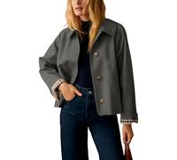 Dqbeng Womens Cropped Trench Coat Classic Collar Oversized Casual Jackets with Checkered Lining, Dark Grey, X-Small
