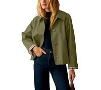 Dqbeng Womens Cropped Trench Coat Classic Collar Oversized Casual Jackets with Checkered Lining, Green, L