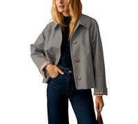 Dqbeng Womens Cropped Trench Coat Classic Collar Oversized Casual Jackets with Checkered Lining, Grey, X-Large