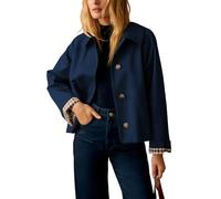 Dqbeng Womens Cropped Trench Coat Classic Collar Oversized Casual Jackets with Checkered Lining, Navy, L