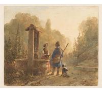 DQCJIYIGL Famous Canvas Artwork Poster Artworks Hunter Talking to a Peasant Woman Near a Well Next to Him a Dog by Schelfhout Poster Print for Home Decor 60x90cm