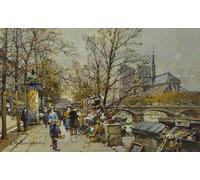 DQCJIYIGL Famous Painting Art Print Images Modern Canvas Prints the Rive Gauche Paris with Notre Dame Beyond by Eugene Galien Laloue Oil Painting for Home Decor 60x90cm