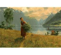 DQCJIYIGL Famous Painting Art Print Images Modern Canvas Prints Young Girl with Birch Branches in Front of a Norwegian Fjord by Hans Dahl Oil Painting for Home Decor 60x90cm