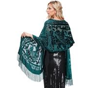 DQSSYTTX Peacock Velvet Shawl with Fringe Beaded Shawl for Women Peacock scarf Handmade Beading Indian Wraps for wome Tassel, Long Green, One Size
