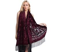 DQSSYTTX Peacock Velvet Shawl with Fringe Beaded Shawl for Women Peacock scarf Handmade Beading Indian Wraps for wome Tassel, Long Burgundy, One Size