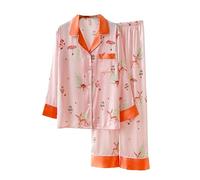 DQSSYTTX Pyjama Set Floral Giraffe Print Silk Long Trousers Long Sleeve Sleepwear V-Neck Button Sleepwear, orange, M