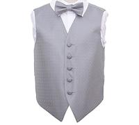DQT Boys Greek Key Jacquard Waistcoat & Pre-Tied Bow Tie Set (2pc) - Wedding Pageboy Formal Vest - Silver 11-12 Years 32"