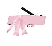 DQT Men Plain Satin Wedding Bow Tie & Cummerbund Set + Silver Plated Cufflinks - Pre-Tied, Baby Pink
