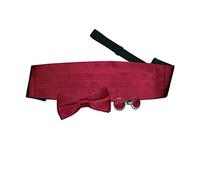 DQT Men Plain Satin Wedding Bow Tie & Cummerbund Set + Silver Plated Cufflinks - Pre-Tied, Burgundy