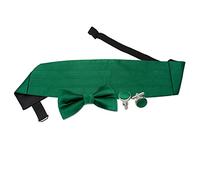 DQT Men Plain Satin Wedding Bow Tie & Cummerbund Set + Silver Plated Cufflinks - Pre-Tied, Emerald Green