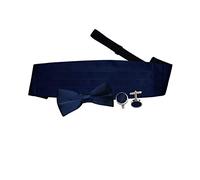 DQT Men Plain Satin Wedding Bow Tie & Cummerbund Set + Silver Plated Cufflinks - Pre-Tied, Navy Blue