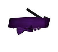 DQT Men Plain Satin Wedding Bow Tie & Cummerbund Set + Silver Plated Cufflinks - Pre-Tied, Purple