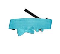 DQT Men Plain Satin Wedding Bow Tie & Cummerbund Set + Silver Plated Cufflinks - Self Tied, Robins Egg Blue