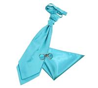 DQT Men Plain Satin Wedding Scrunchie Pre-Tied Cravat, Pocket Square & Cufflinks - Robins Egg Blue
