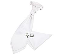 DQT Men Plain Satin Wedding Scrunchie Pre-Tied Cravat, Pocket Square & Cufflinks - White