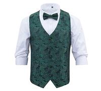 DQT Men’s Paisley Bohemian Wedding Waistcoat Vest & Bow Tie Set - Groom Formal Suit - Navy & Green - L (40")