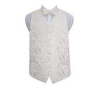 DQT Mens Floral Passion Jacquard Waistcoat & Pre-Tied Bow Tie Set (2pc) - Wedding, Business & Formal - Ivory 44" 2XL