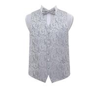 DQT Mens Floral Passion Jacquard Waistcoat & Pre-Tied Bow Tie Set (2pc) - Wedding, Business & Formal - Silver 38" M