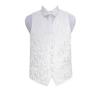 DQT Mens Floral Passion Jacquard Waistcoat & Pre-Tied Bow Tie Set (2pc) - Wedding, Business & Formal - White 42" XL