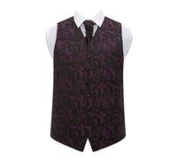 DQT Mens Floral Passion Jacquard Waistcoat & Pre-Tied Scrunchie Cravat Set (2pc) - Wedding, Business & Formal - Black and Purple 50" (5XL)