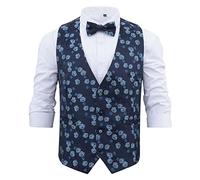 DQT Men's Floral Rose Wedding Waistcoat, Bow Tie, Pocket Square and Cufflinks 4pc Set - Blue 42" (XL)