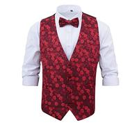 DQT Mens Floral Rose Wedding Waistcoat & Bow Tie Set - 2XL 44" Red