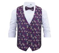 DQT Mens Floral Rose Wedding Waistcoat & Bow Tie Set - XL 42" Purple & Yellow