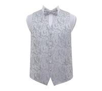 DQT Men's Floral Wedding Waistcoat, Bow Tie, Pocket Square and Cufflinks 4pc Set - Silver 48"