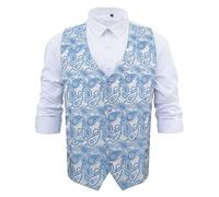 DQT Mens Paisley Bohemian Floral Wedding Waistcoat - Groom Formal Suit Vest Blue & White 44" (2XL)