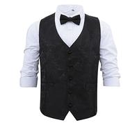 DQT Men's Paisley Bohemian Wedding Waistcoat, Bow Tie, Pocket Square and Cufflinks 4pc Set - Black 36"