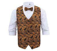 DQT Men's Paisley Bohemian Wedding Waistcoat, Bow Tie, Pocket Square and Cufflinks 4pc Set - Black and Gold 50"