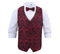 DQT Mens Paisley Bohemian Wedding Waistcoat & Bow Tie Set - Formal Suit Groom Best Man - Black & Red - 5XL (50")