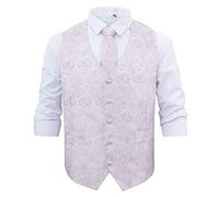 DQT Men's Paisley Bohemian Wedding Waistcoat, Tie, Pocket Square and Cufflinks 4pc Set - Silver and Pink 44"