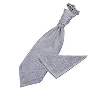 DQT Mens Paisley Floral Jacquard Pre-Tied Scrunchie Cravat & Pocket Square Set (2pc) - Wedding, Business & Formal - Silver