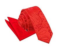 DQT Mens Paisley Floral Jacquard Skinny 5cm Tie & Pocket Square Set (2pc) - Wedding, Business & Formal - Red
