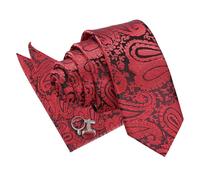DQT Mens Paisley Floral Jacquard Slim Tie, Pocket Square & Cufflinks Set (3pc) - Wedding, Business & Formal - Black & Red
